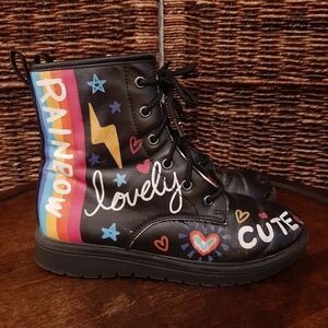 Skechers Boots Girls 3 Black Gravlen Combat Rainbow Kids Grunge Hipster Pride